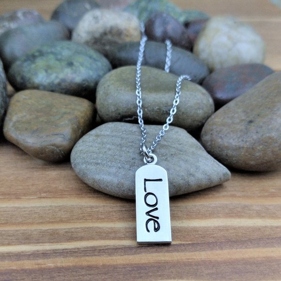 Love Tag Charm and Silver Tone Chain Necklace - Picture 2 of 3